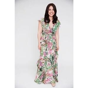 BADGLEY MISCHKA Pink Green Tropical Multi Palm Print Ruffle Maxi Gown Dress sz 8